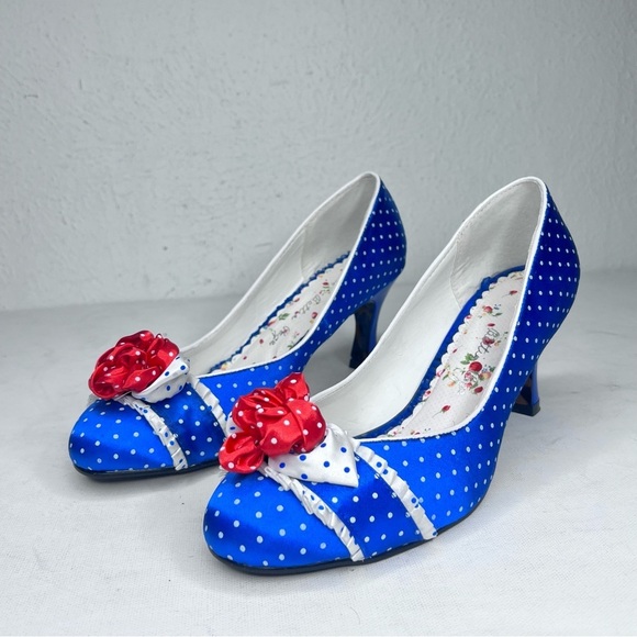 Bettie Page Shoes - Bettie Page blue polka dot red bow pump